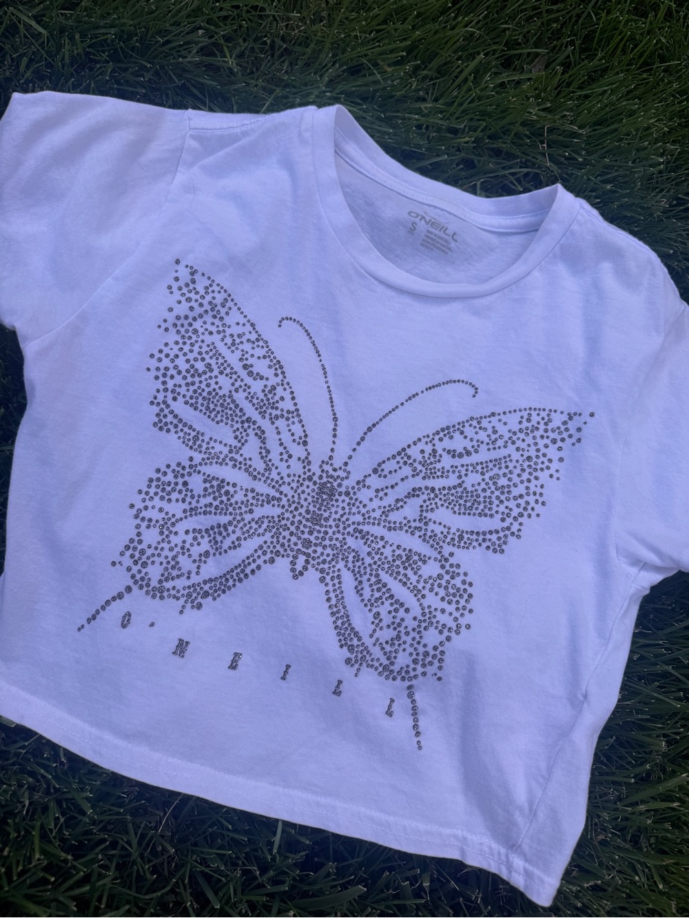 O'Neill White Tee with Silver Butterfly Rhinestones